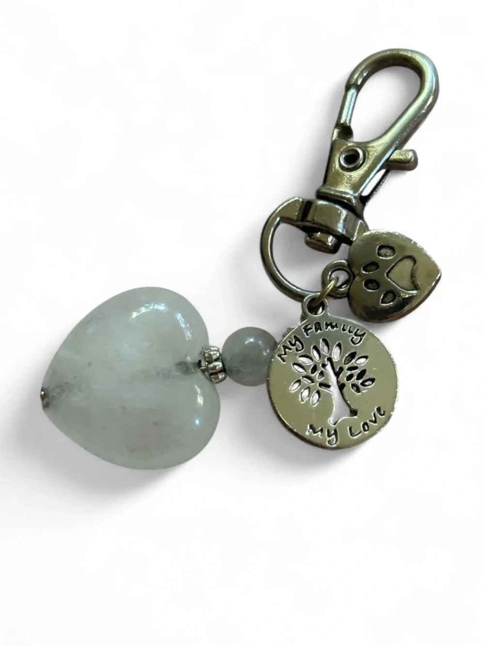 Pale Green Heart Keychain Charm with “My Love.. Dog & Family”